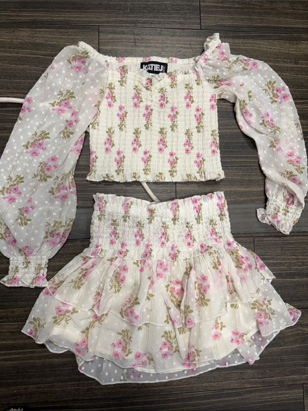 Katie J NYC Cream Floral Pink Smocked Two-Piece Matching Set